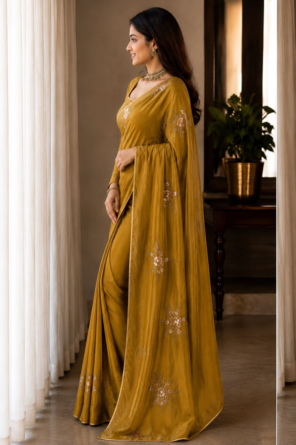 Women Shimmer Saree with Sequin Floral Motifs & Gold Piping Border - Mustard Gold