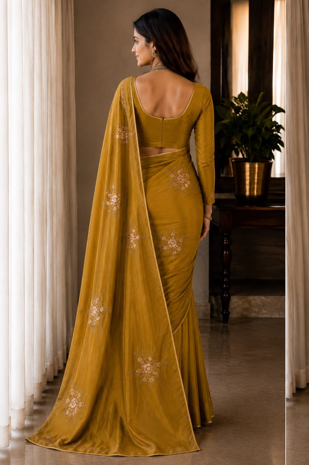 Women Shimmer Saree with Sequin Floral Motifs & Gold Piping Border - Mustard Gold