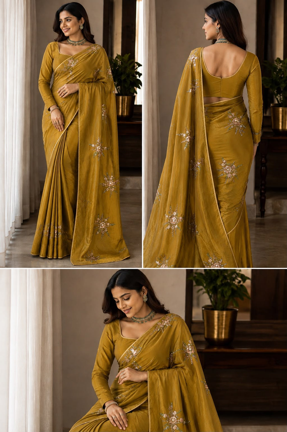 Women Shimmer Saree with Sequin Floral Motifs & Gold Piping Border - Mustard Gold