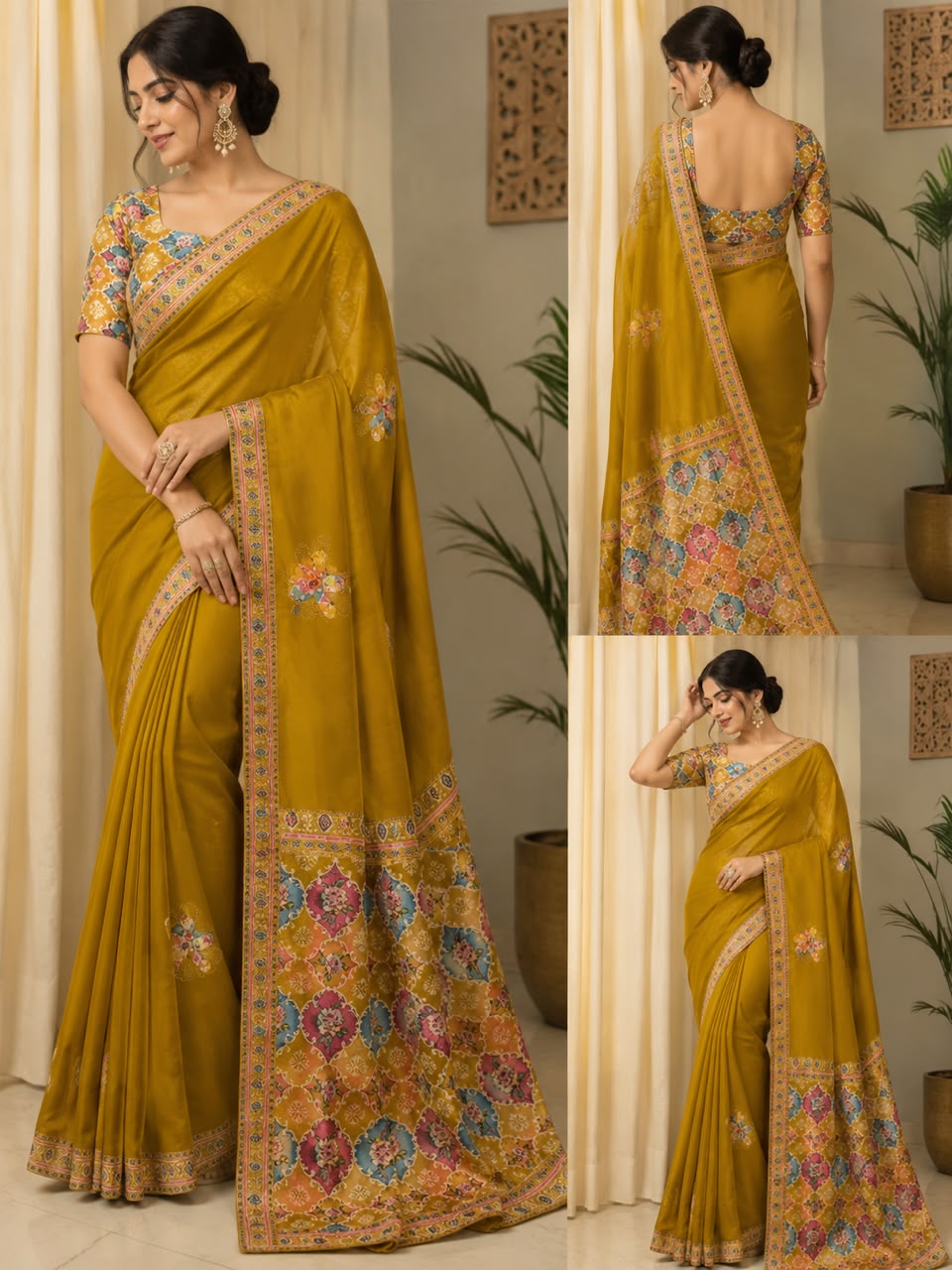 Women Printed Pallu Dola Silk Saree with Embroidered Butis - Mustard