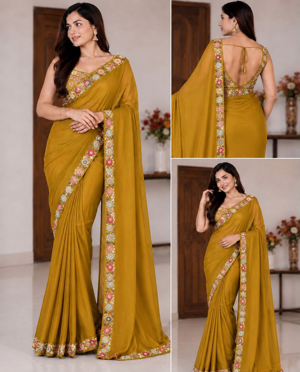 Women Georgette Saree with Floral Embroidered Border and Running Blouse - Mustard