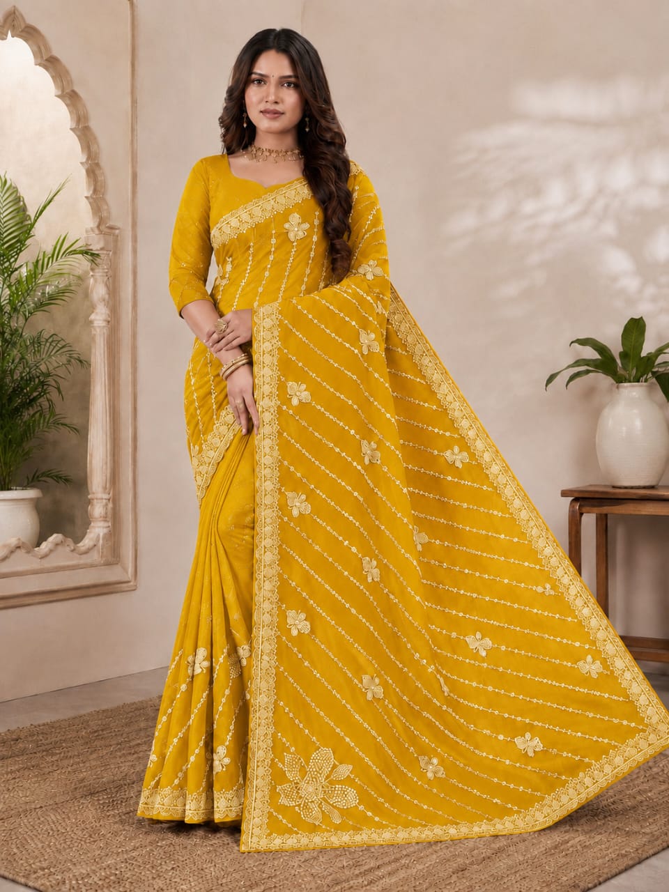 Women Zari Embroidered Georgette Saree with Scalloped Border & Matching Blouse - Mustard Yellow