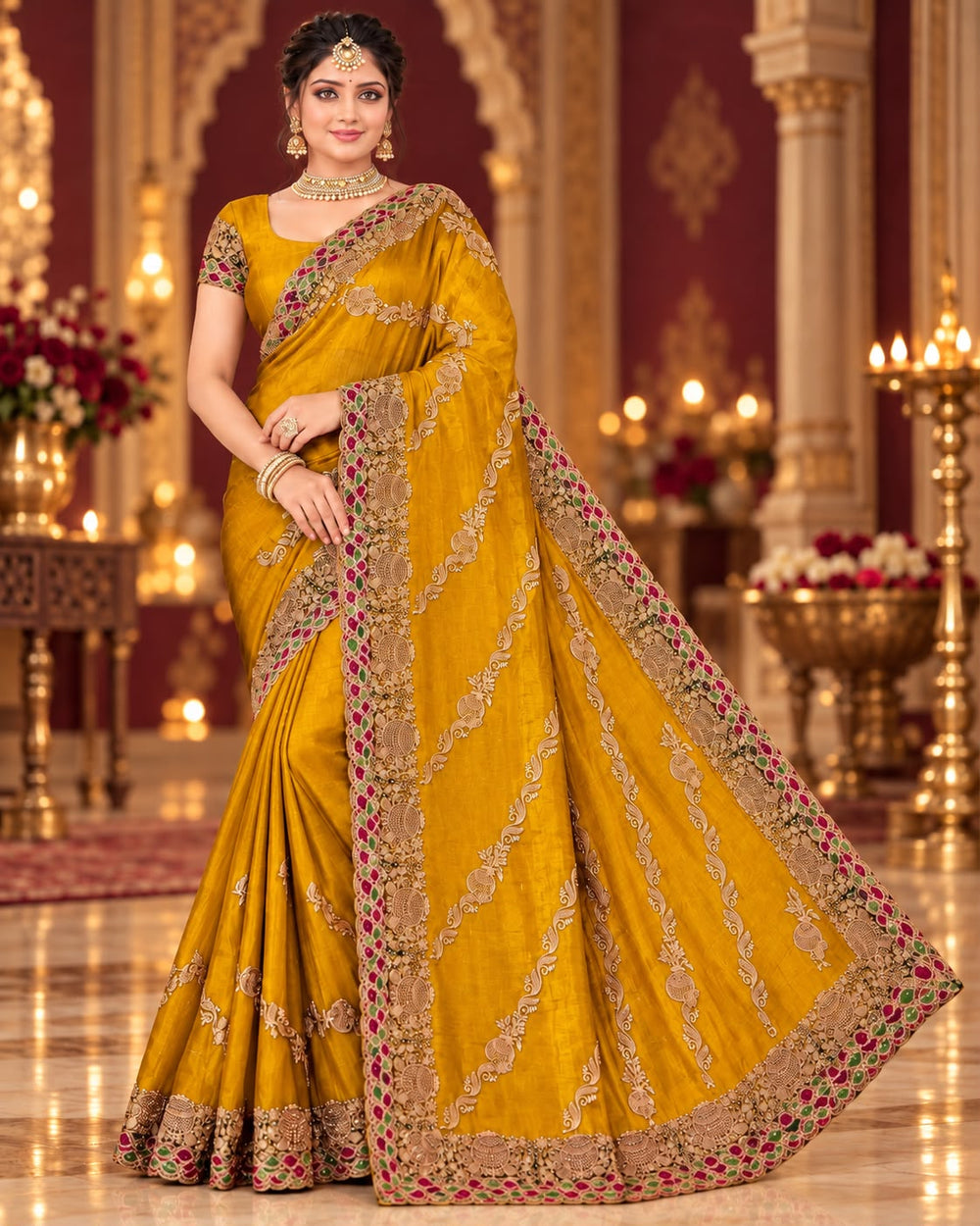 Women Satin Saree with Kalash Motif Embroidery & Multicolour Cutwork Border - Mustard Yellow