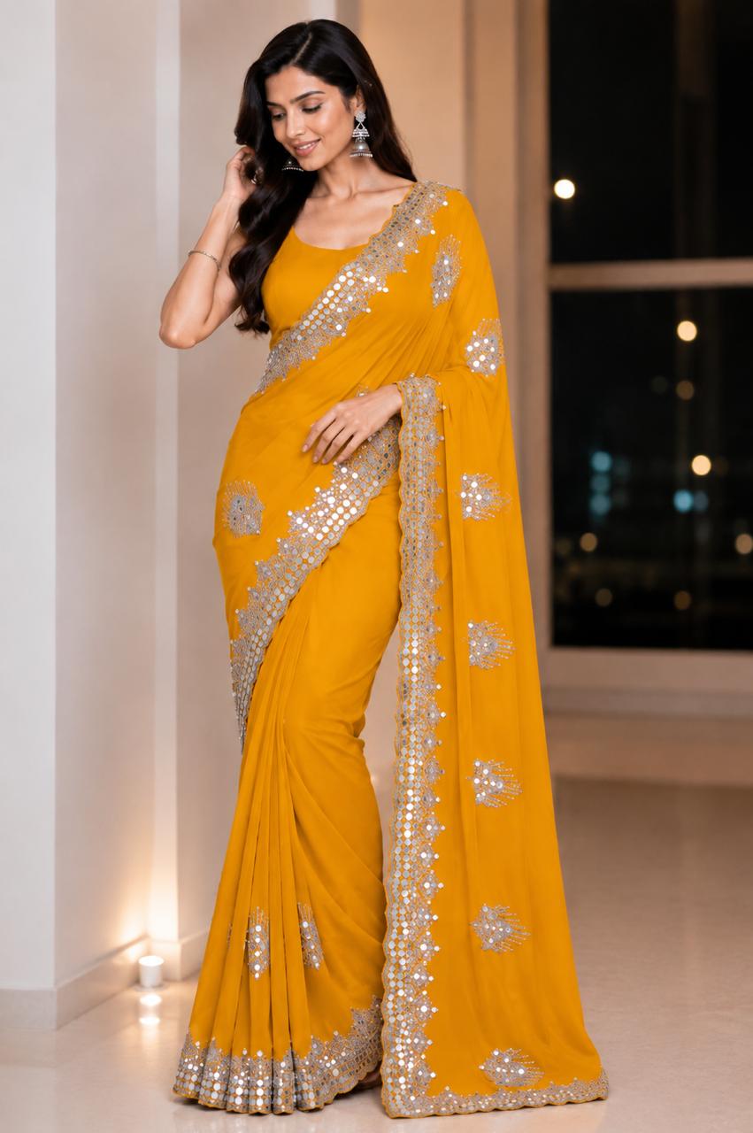 Women Blooming Saree with Mirror Work Scalloped Border & Embroidered Butis - Mustard Yellow