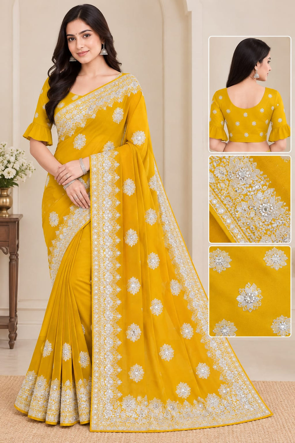 Women Blooming Saree with Silver Thread Buti Embroidery & White Stone Work Border - Mustard Yellow