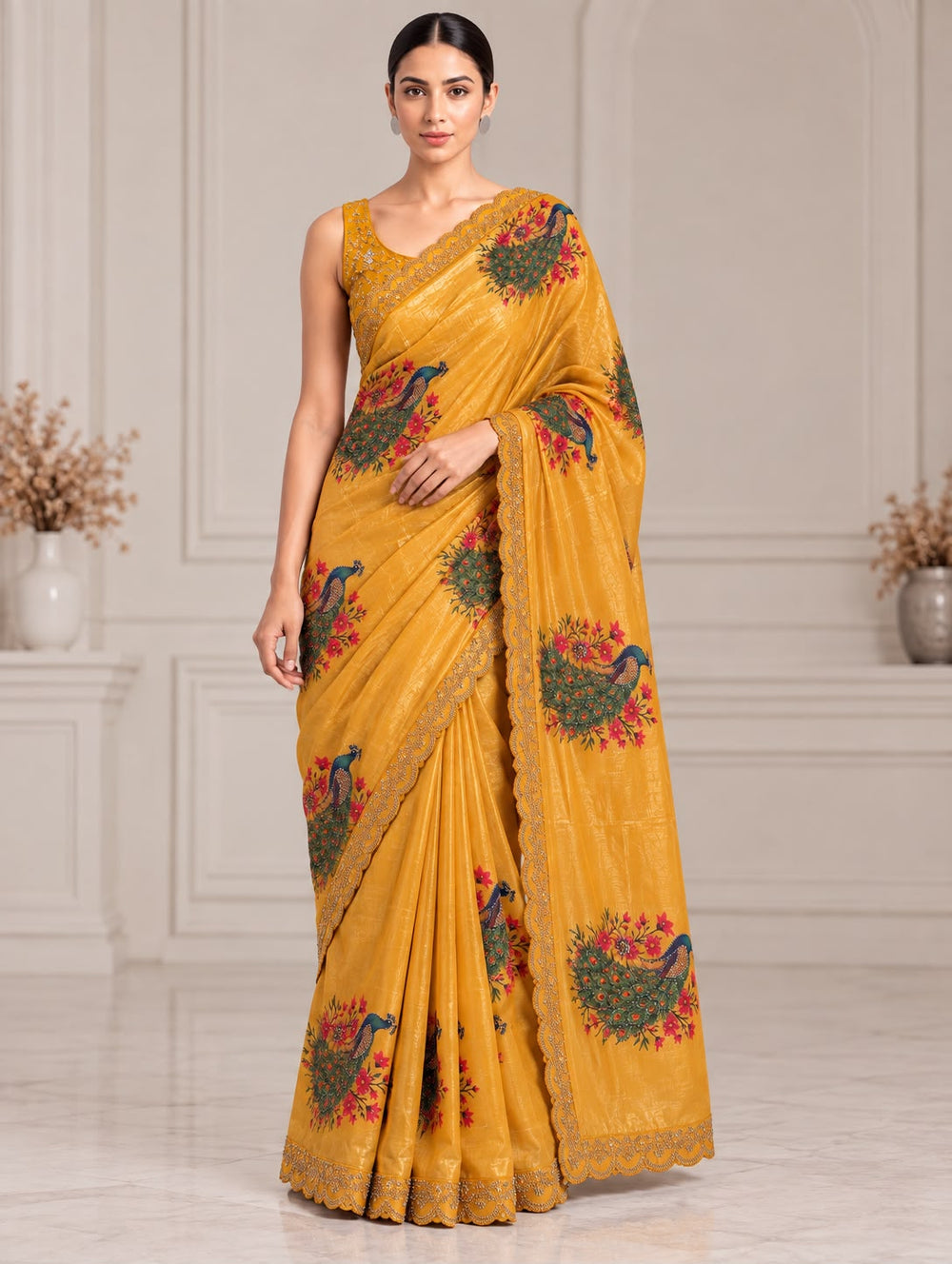 Women Peacock Digital Print Fancy Satin Saree with Rhinestone Work & Scalloped Cutwork Border - Mustard Yellow