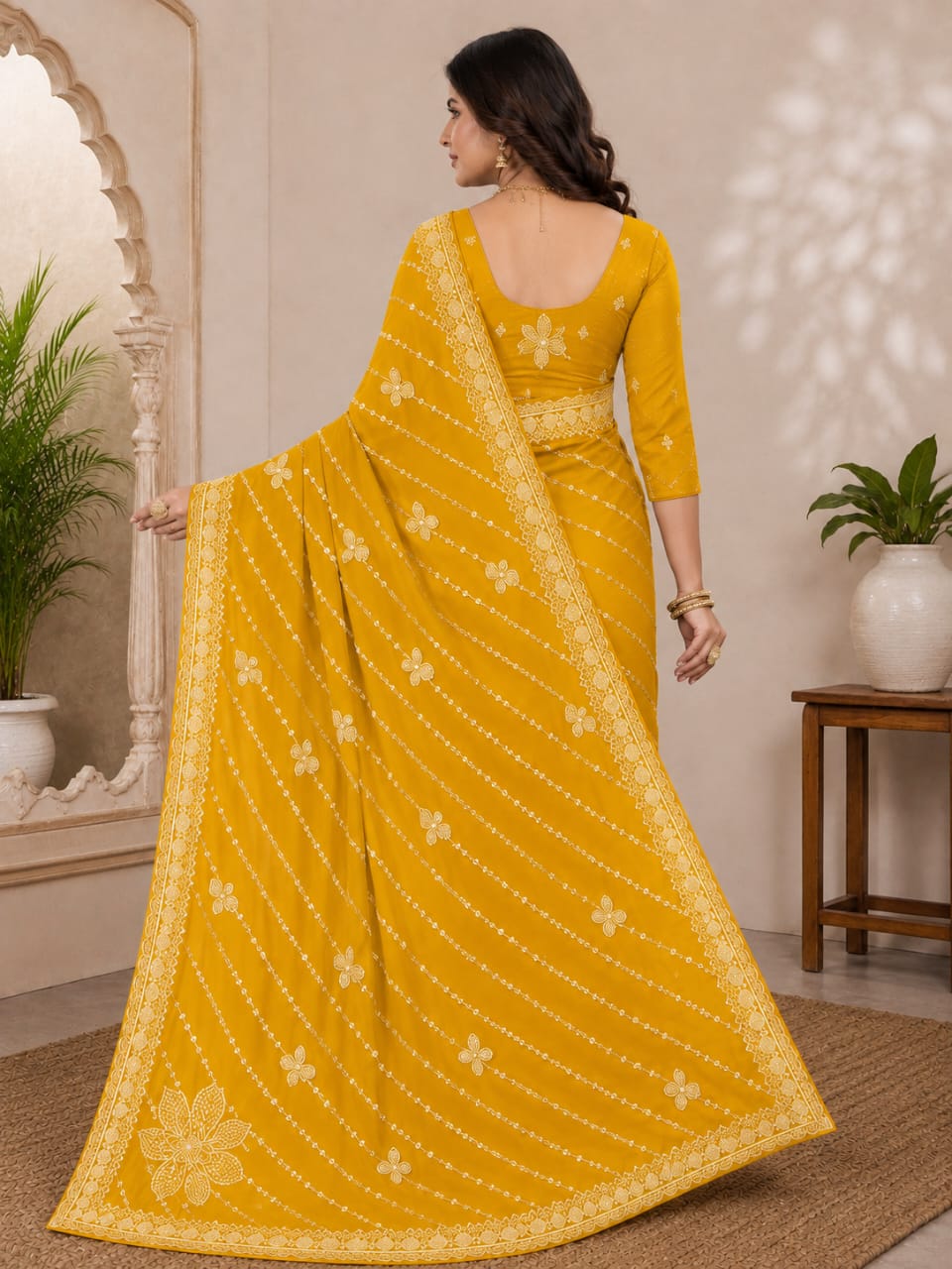 Women Zari Embroidered Georgette Saree with Scalloped Border & Matching Blouse - Mustard Yellow
