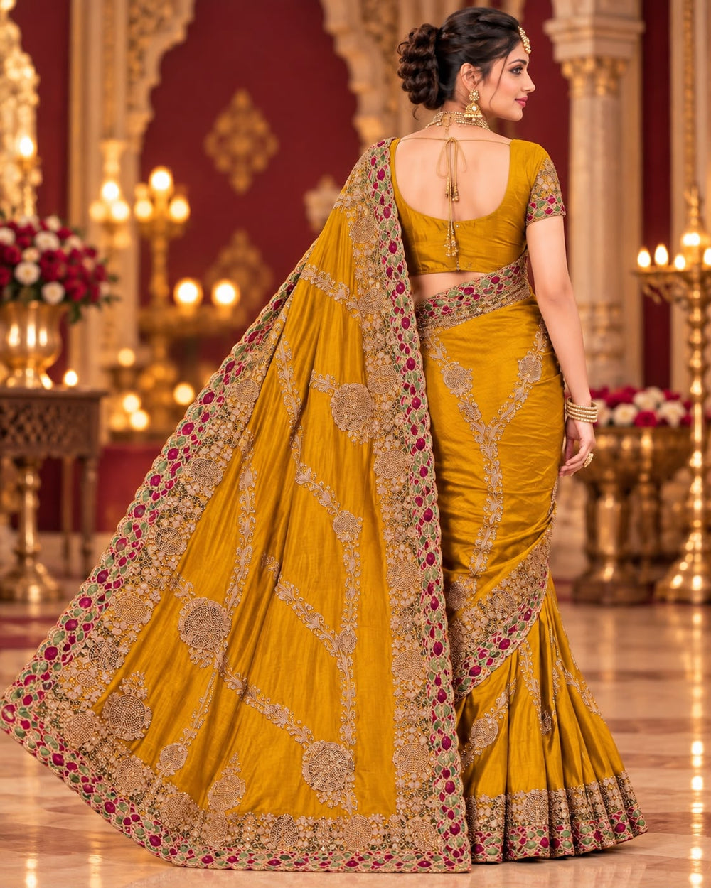 Women Satin Saree with Kalash Motif Embroidery & Multicolour Cutwork Border - Mustard Yellow