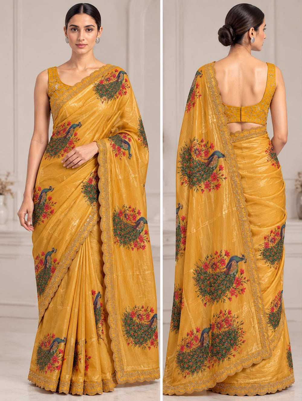 Women Peacock Digital Print Fancy Satin Saree with Rhinestone Work & Scalloped Cutwork Border - Mustard Yellow