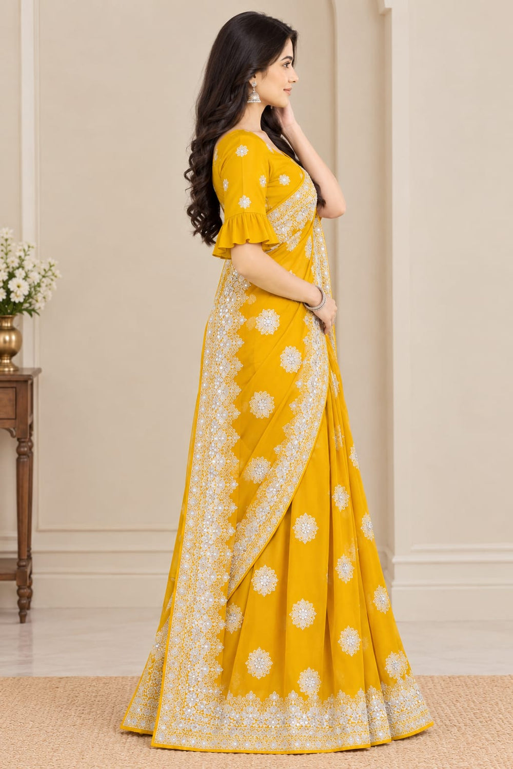 Women Blooming Saree with Silver Thread Buti Embroidery & White Stone Work Border - Mustard Yellow