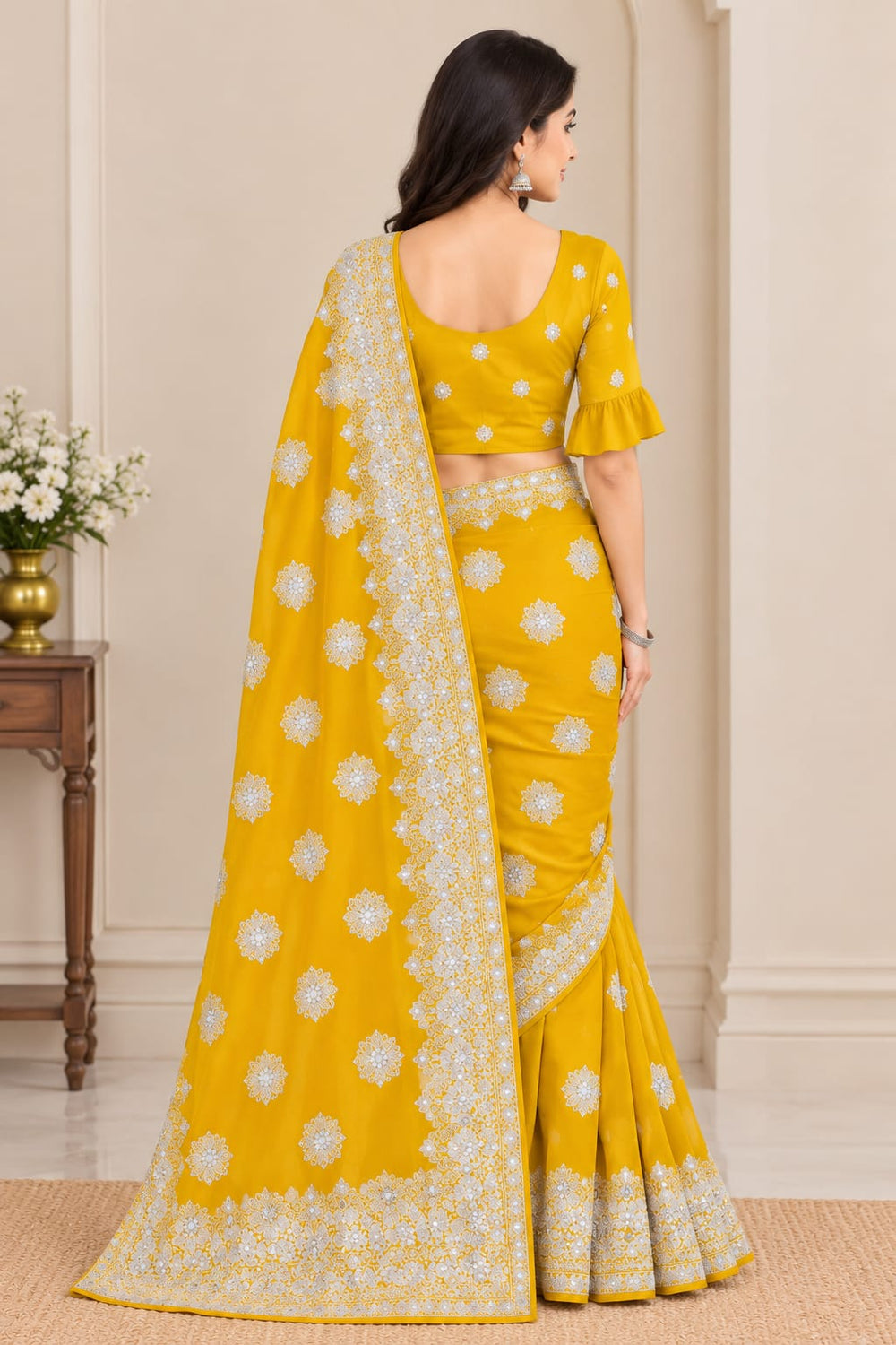 Women Blooming Saree with Silver Thread Buti Embroidery & White Stone Work Border - Mustard Yellow