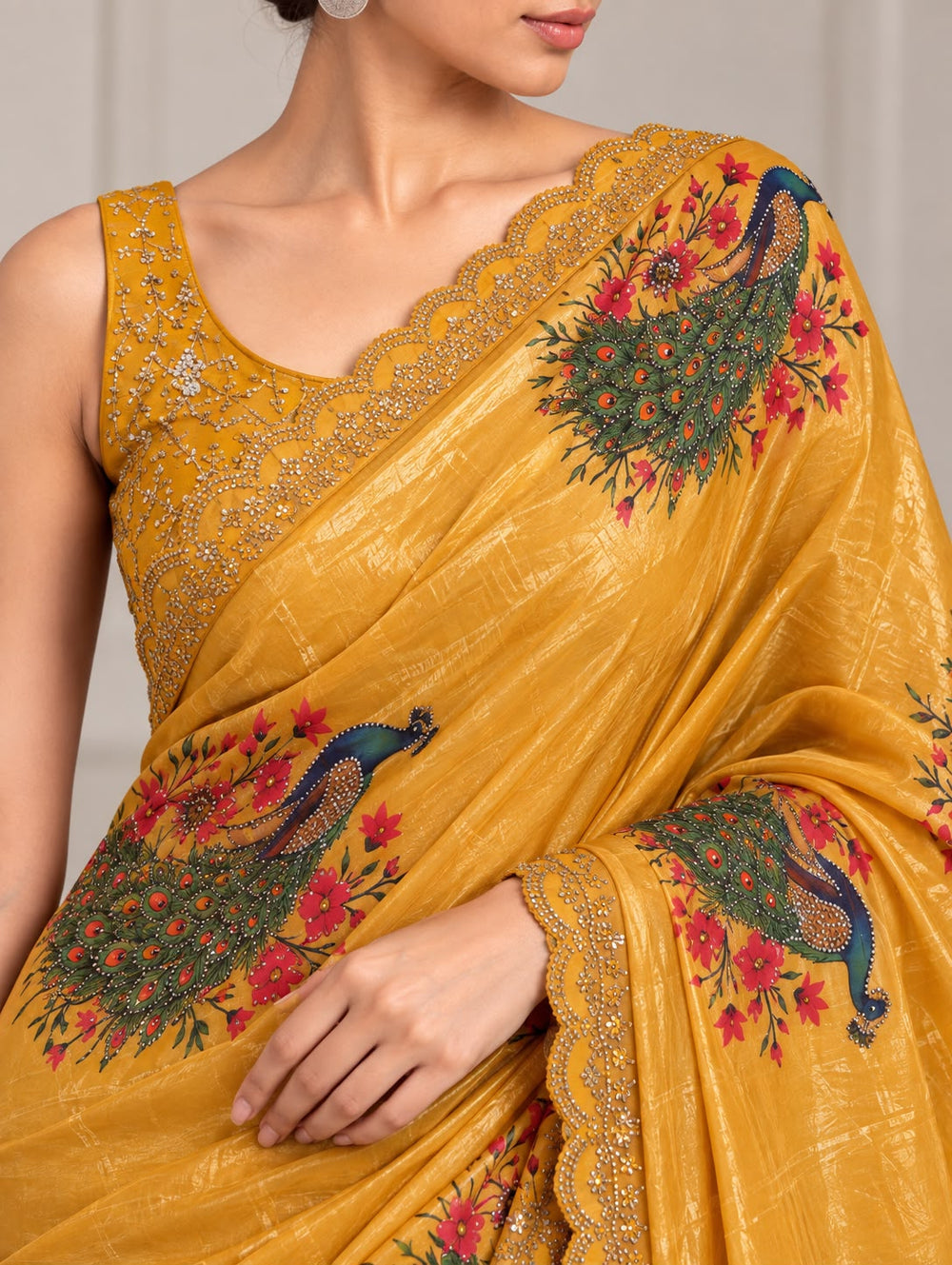 Women Peacock Digital Print Fancy Satin Saree with Rhinestone Work & Scalloped Cutwork Border - Mustard Yellow