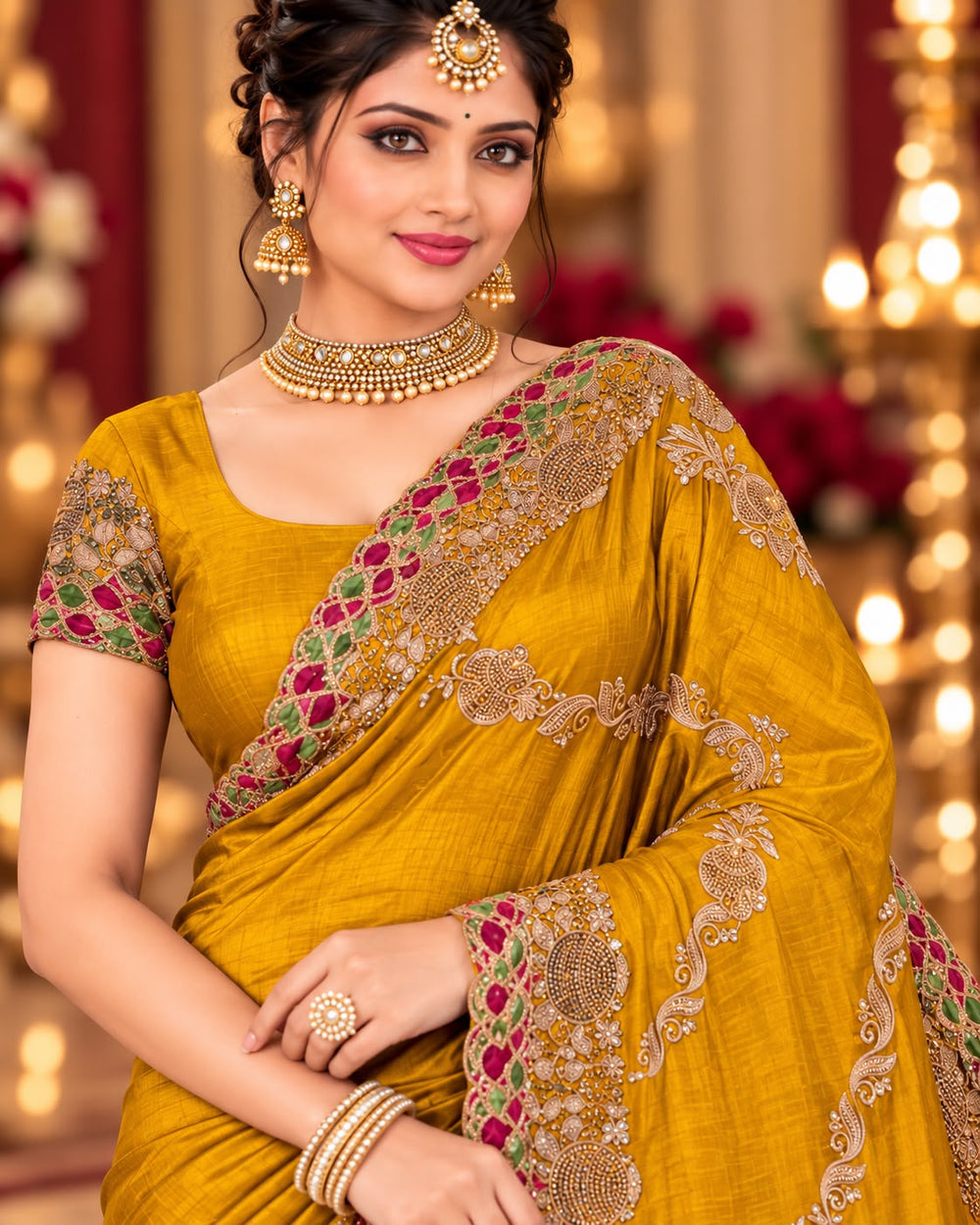 Women Satin Saree with Kalash Motif Embroidery & Multicolour Cutwork Border - Mustard Yellow