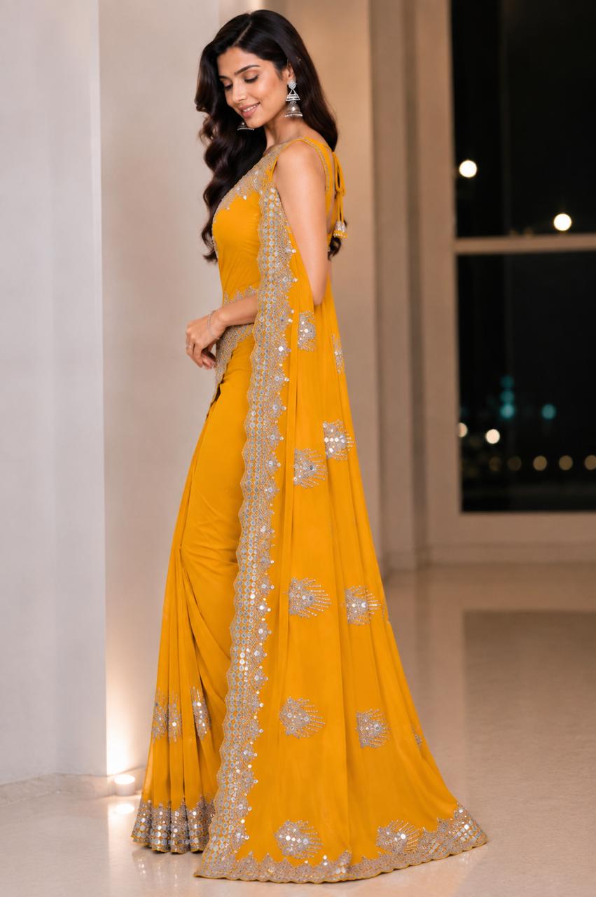 Women Blooming Saree with Mirror Work Scalloped Border & Embroidered Butis - Mustard Yellow