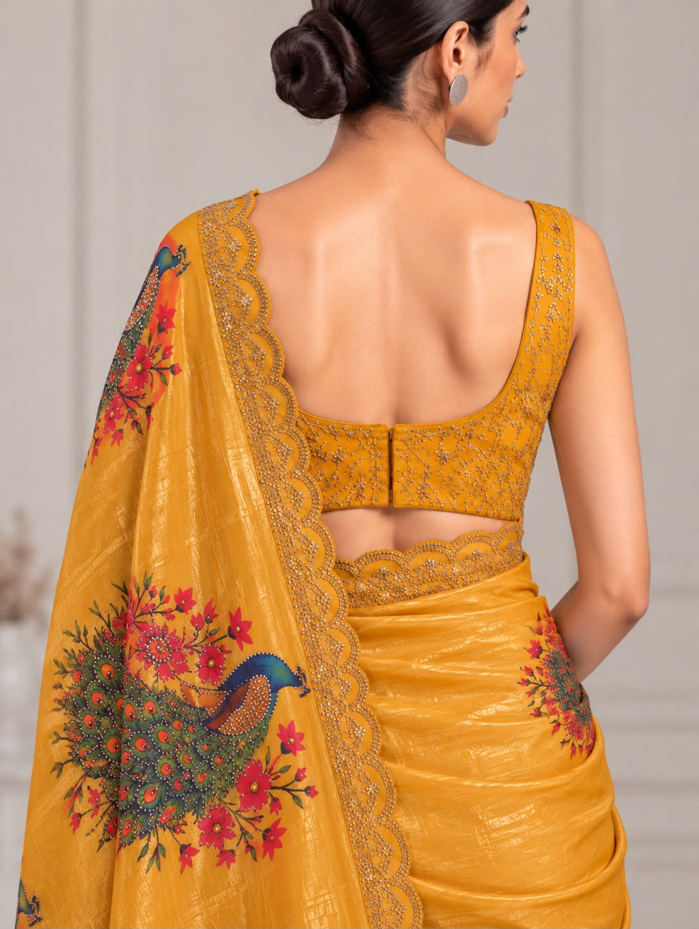 Women Peacock Digital Print Fancy Satin Saree with Rhinestone Work & Scalloped Cutwork Border - Mustard Yellow