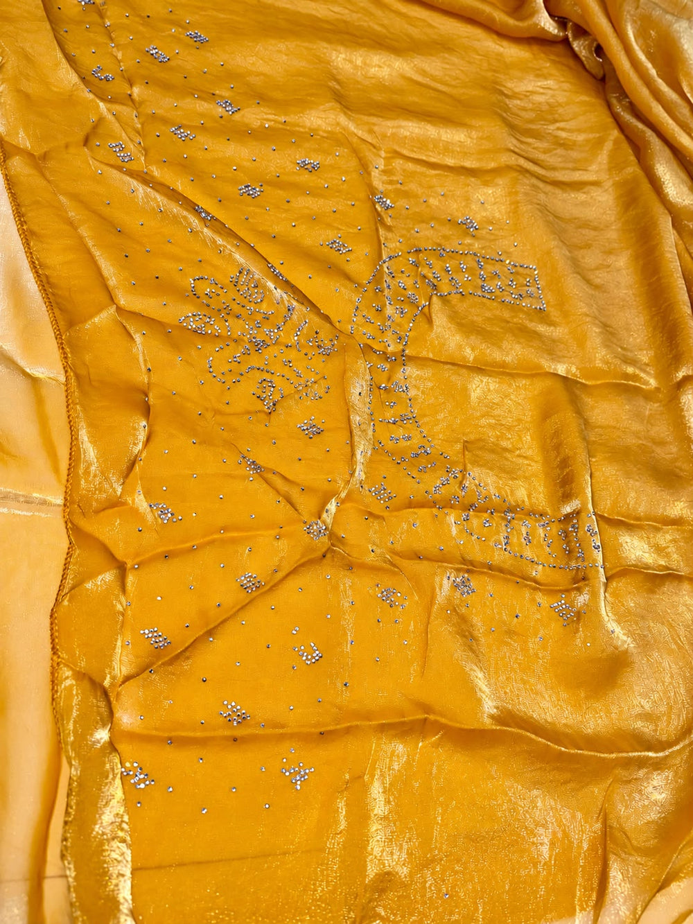 Women Peacock Digital Print Fancy Satin Saree with Rhinestone Work & Scalloped Cutwork Border - Mustard Yellow