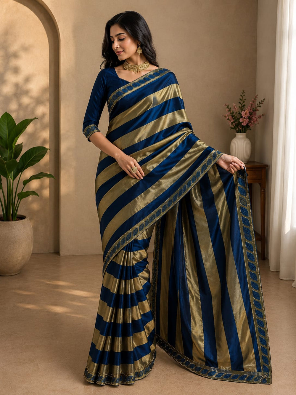 Women Metallic Zari Striped Saree with Embroidered Cutwork Border - Navy Blue