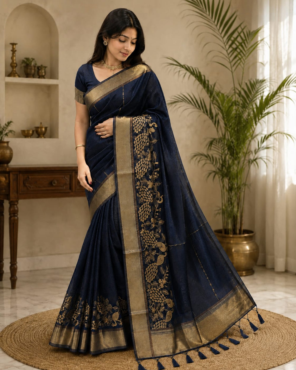 Women Traditional Peacock Zari Woven Cotton Tissue Saree with Tassels - Navy Blue