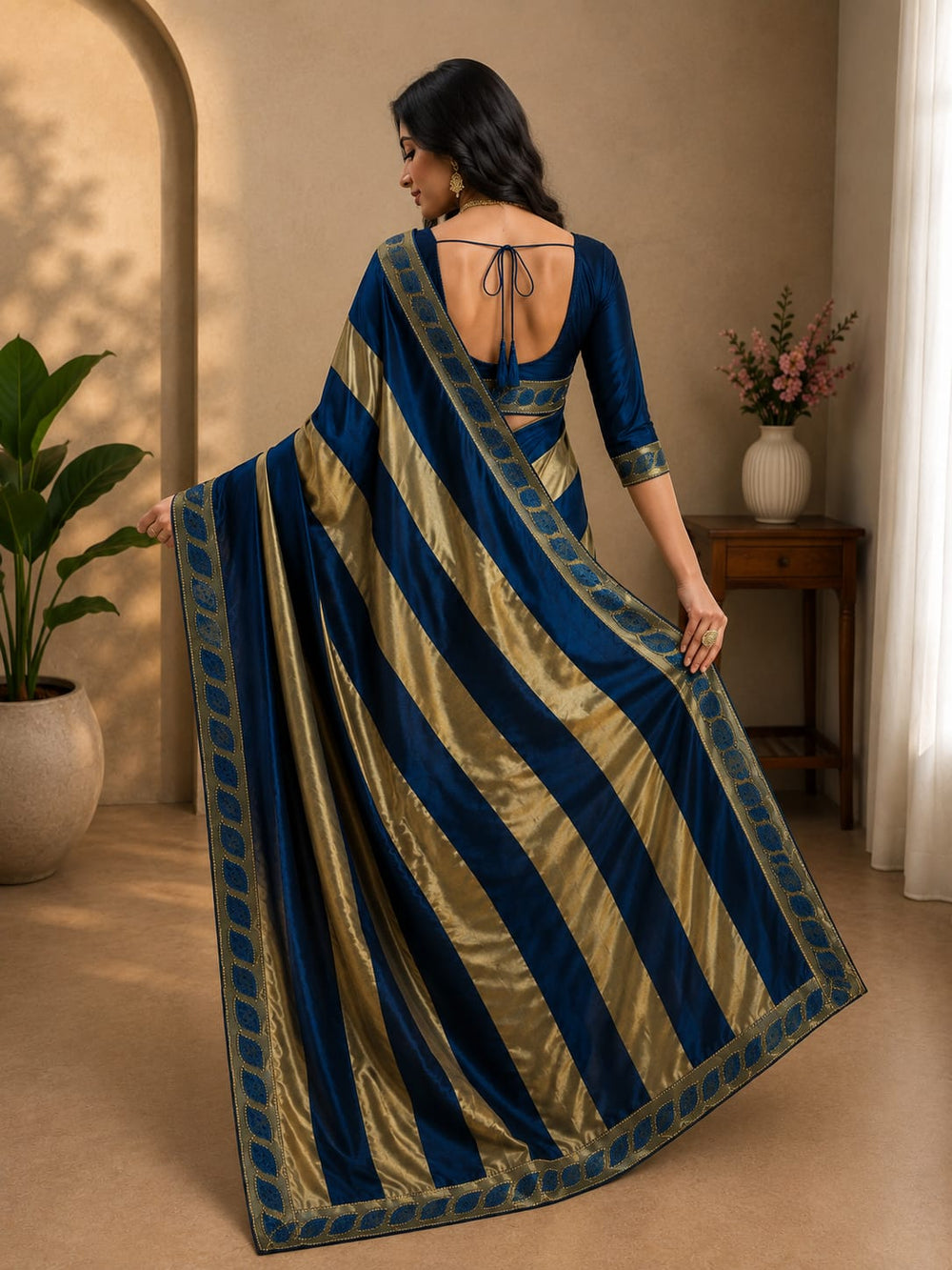 Women Metallic Zari Striped Saree with Embroidered Cutwork Border - Navy Blue