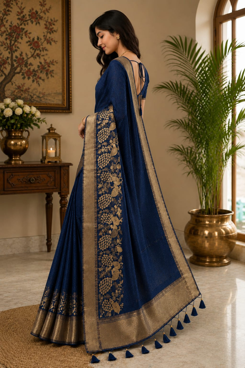 Women Traditional Peacock Zari Woven Cotton Tissue Saree with Tassels - Navy Blue