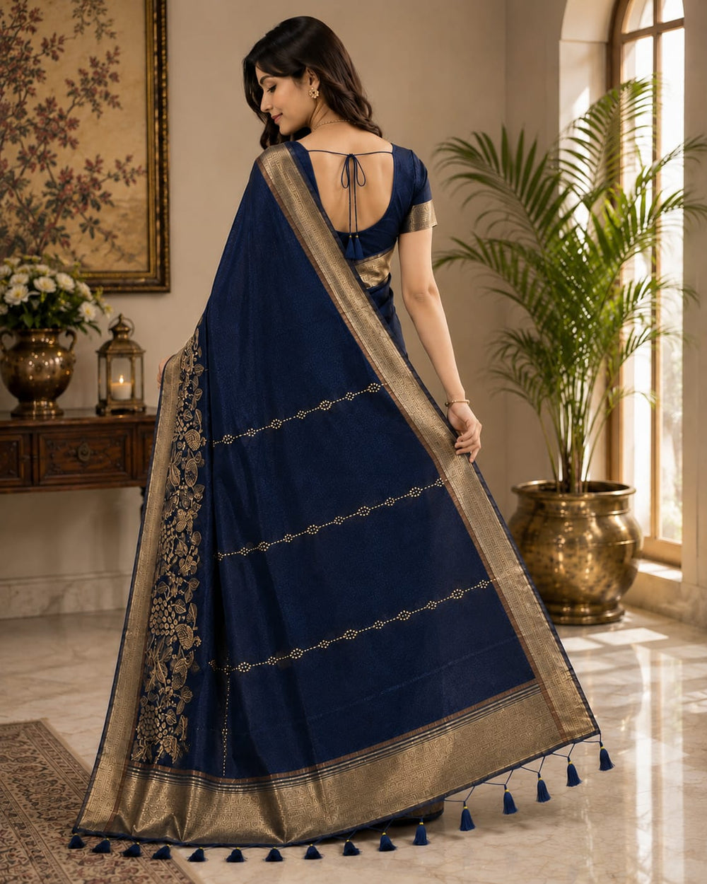 Women Traditional Peacock Zari Woven Cotton Tissue Saree with Tassels - Navy Blue