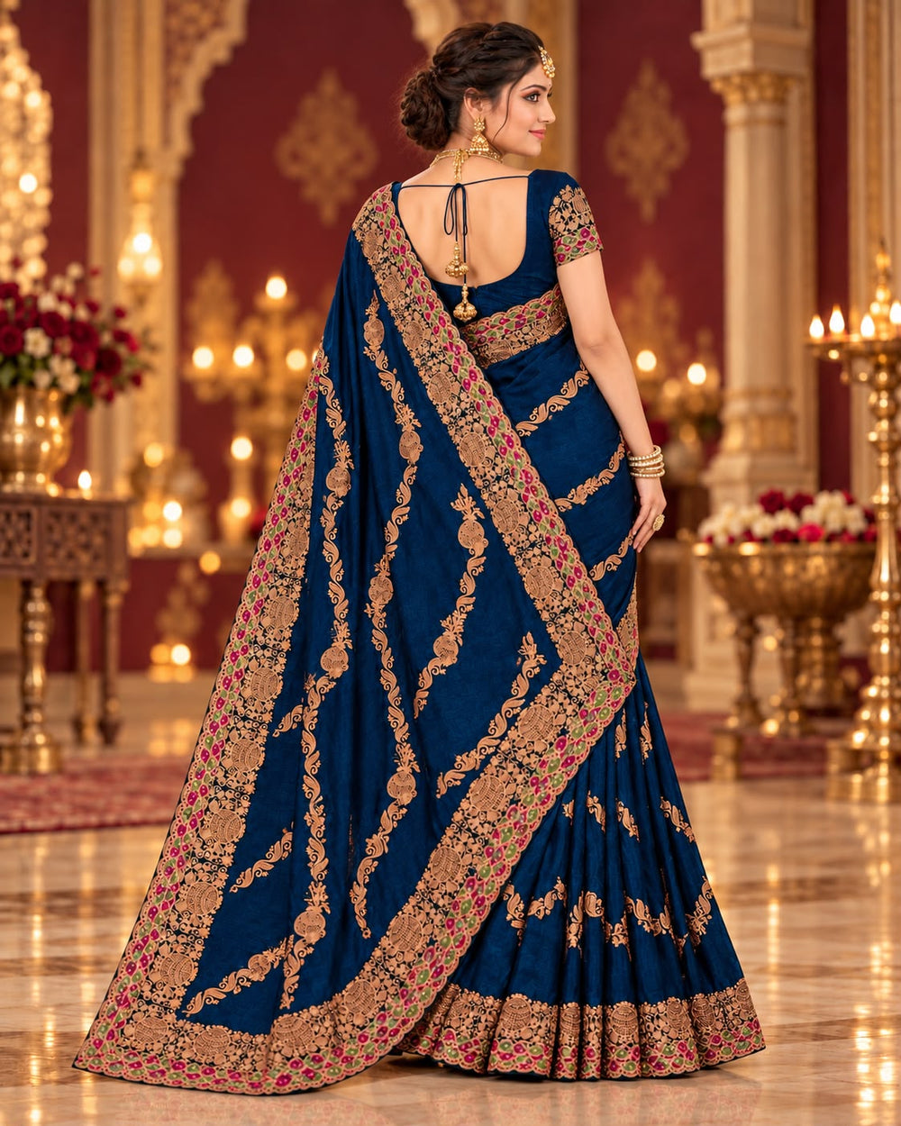 Women Satin Saree with Kalash Motif Embroidery & Multicolour Cutwork Border - Navy Blue