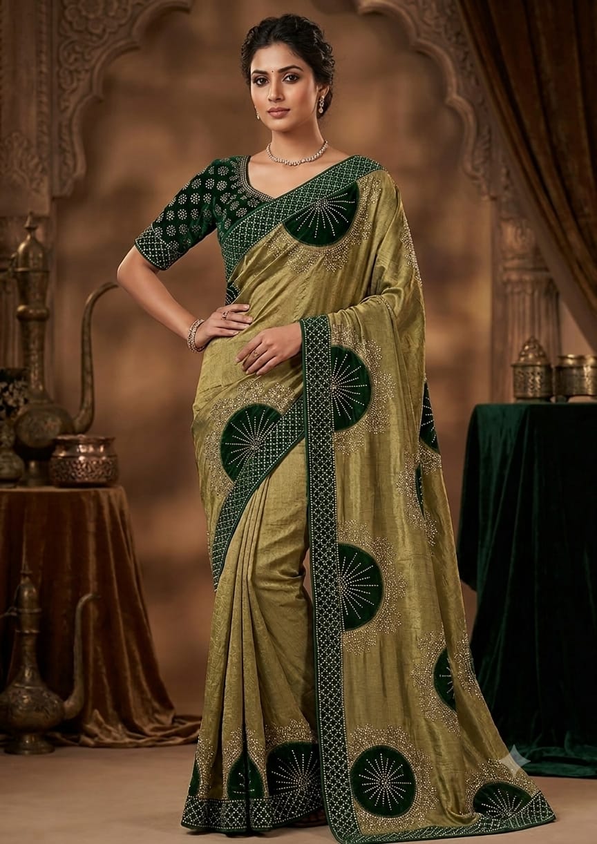 Women Shimmer Saree with Velvet Patch & Stone Work - Olive Green