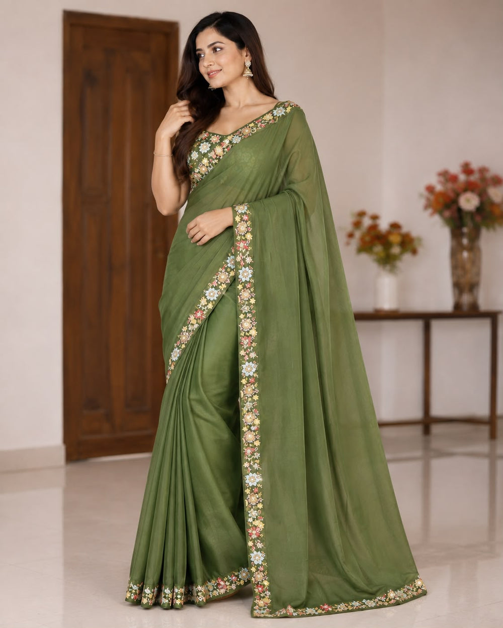 Women Georgette Saree with Floral Embroidered Border and Running Blouse - Olive Green