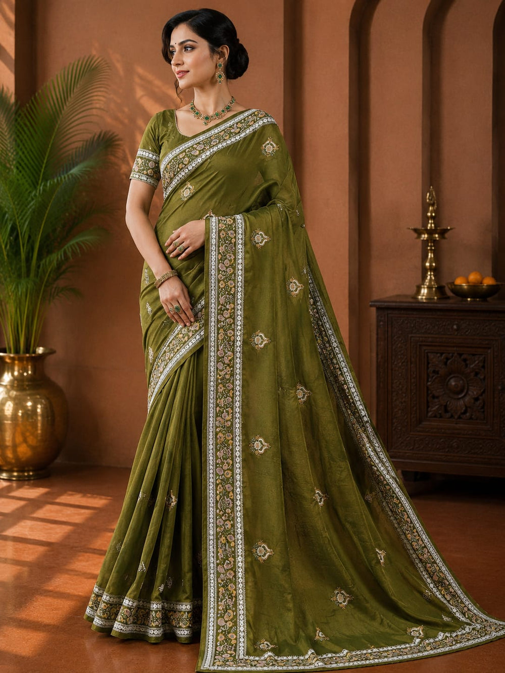 Women Mirror & Sequin Embroidered Saree with Heavy Blouse - Olive