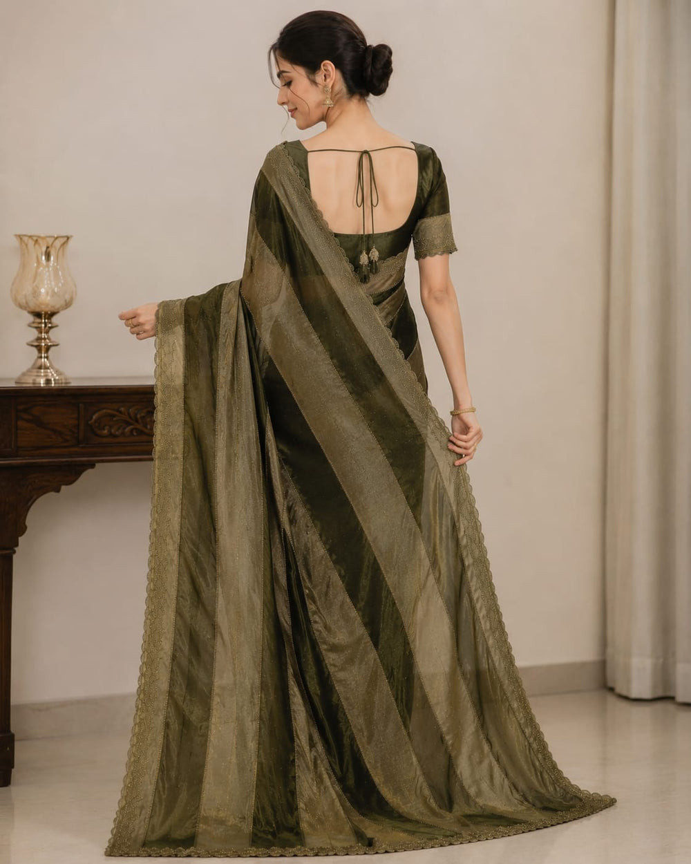 Women Metallic Zari Striped Saree with Embroidered Cutwork Border - Olive
