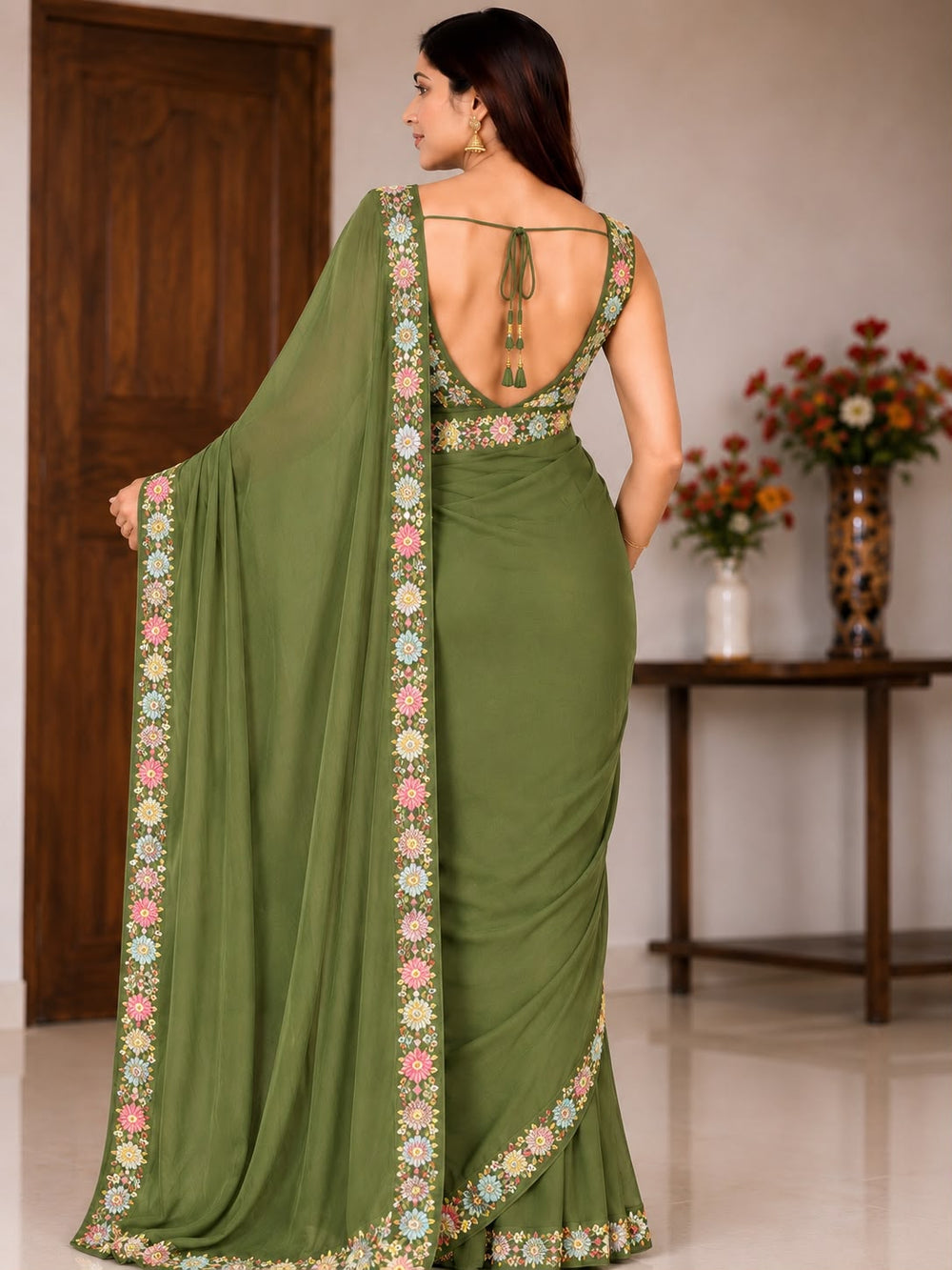 Women Georgette Saree with Floral Embroidered Border and Running Blouse - Olive Green