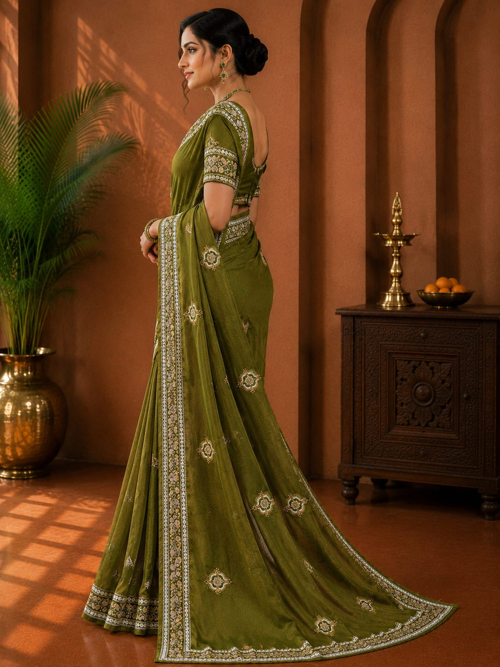 Women Mirror & Sequin Embroidered Saree with Heavy Blouse - Olive