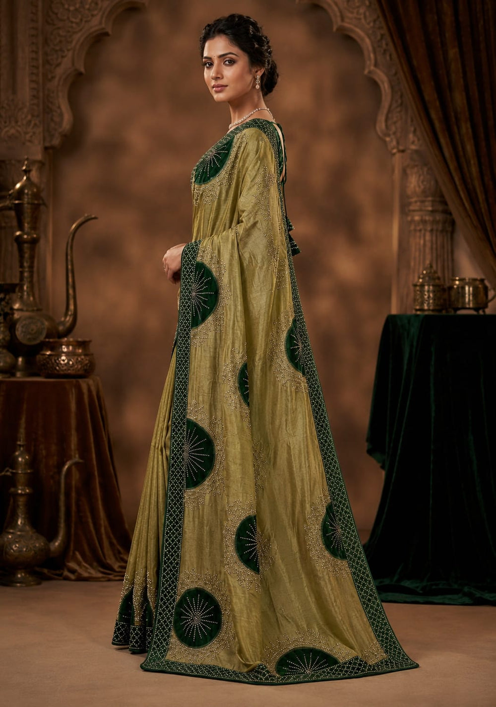 Women Shimmer Saree with Velvet Patch & Stone Work - Olive Green