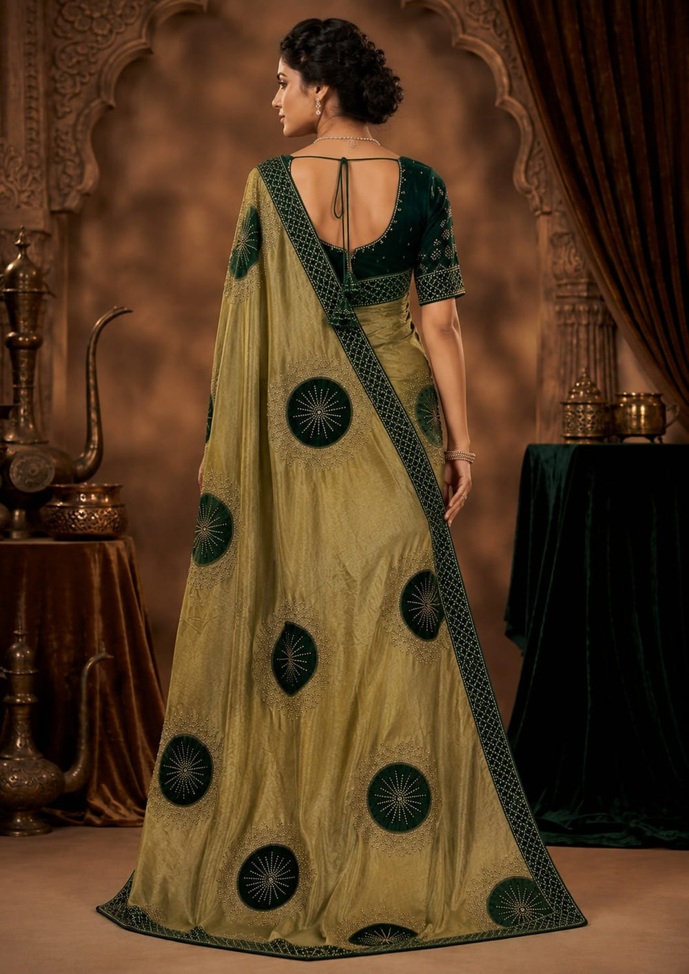 Women Shimmer Saree with Velvet Patch & Stone Work - Olive Green