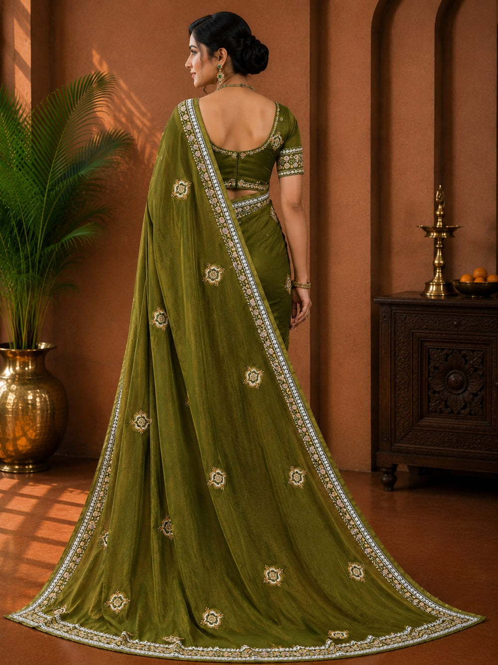 Women Mirror & Sequin Embroidered Saree with Heavy Blouse - Olive