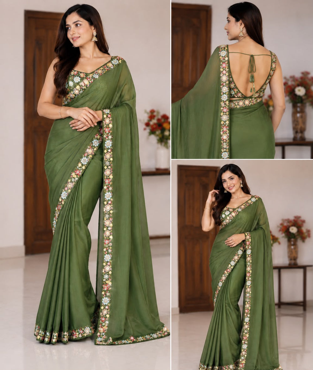 Women Georgette Saree with Floral Embroidered Border and Running Blouse - Olive Green