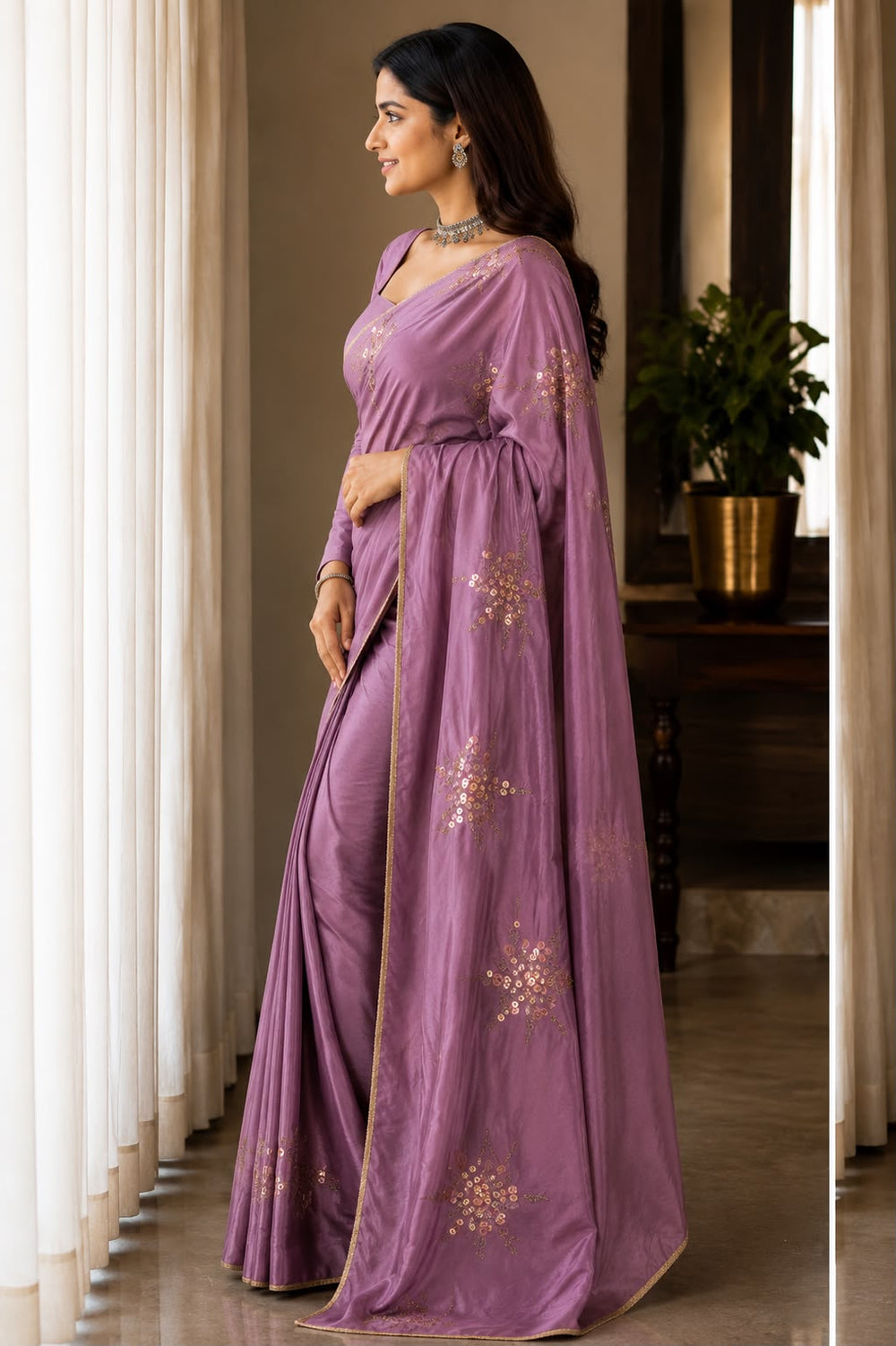 Women Shimmer Saree with Sequin Floral Motifs & Gold Piping Border - Orchid Mauve