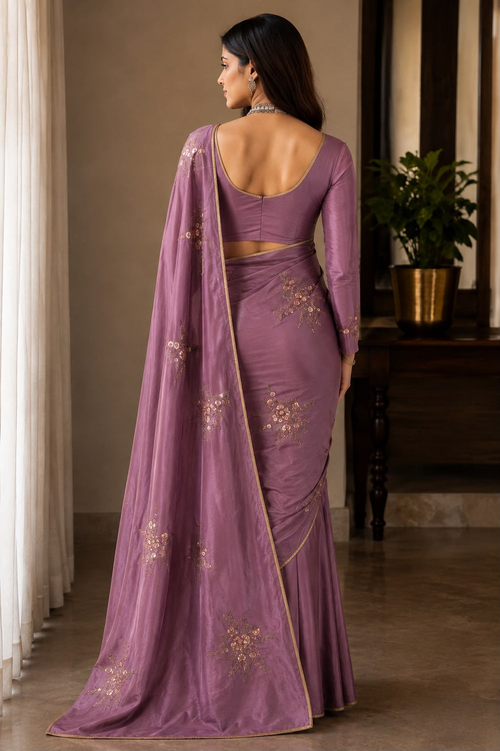 Women Shimmer Saree with Sequin Floral Motifs & Gold Piping Border - Orchid Mauve