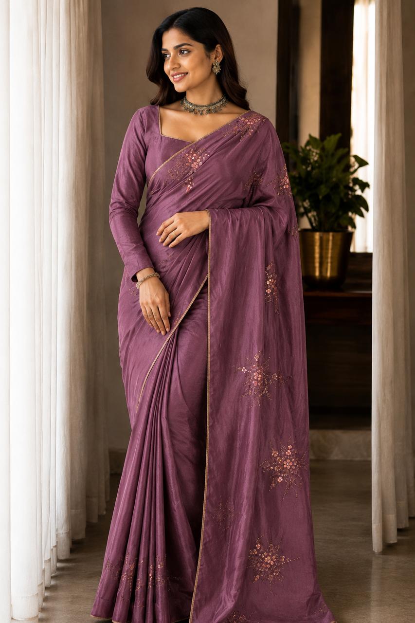 Women Shimmer Saree with Sequin Floral Motifs & Gold Piping Border - Orchid Mauve