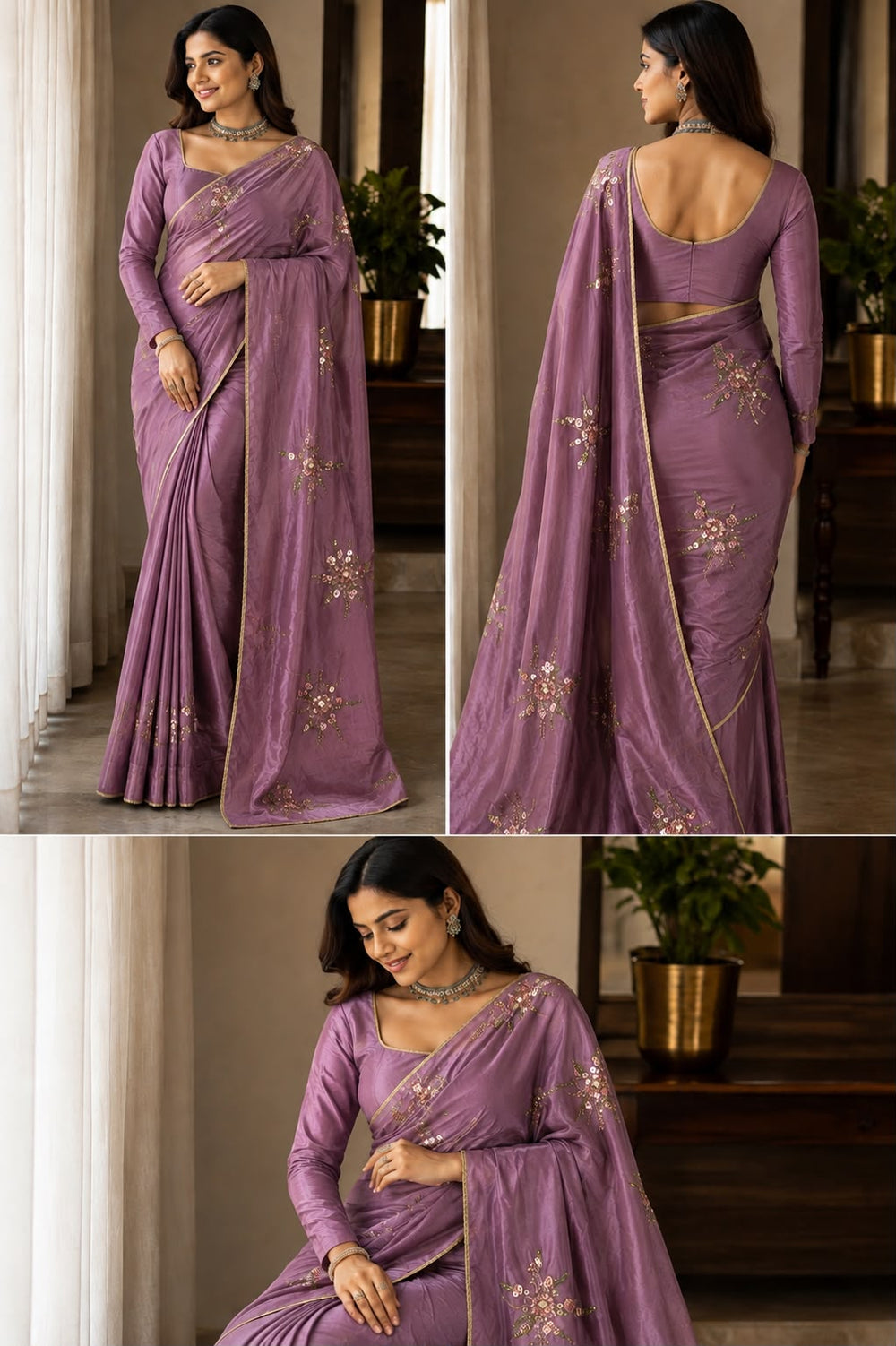 Women Shimmer Saree with Sequin Floral Motifs & Gold Piping Border - Orchid Mauve