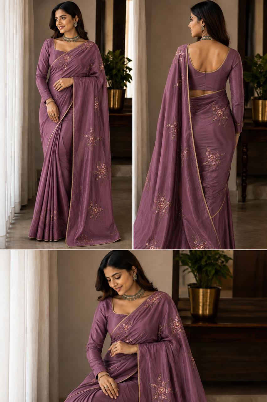 Women Shimmer Saree with Sequin Floral Motifs & Gold Piping Border - Orchid Mauve