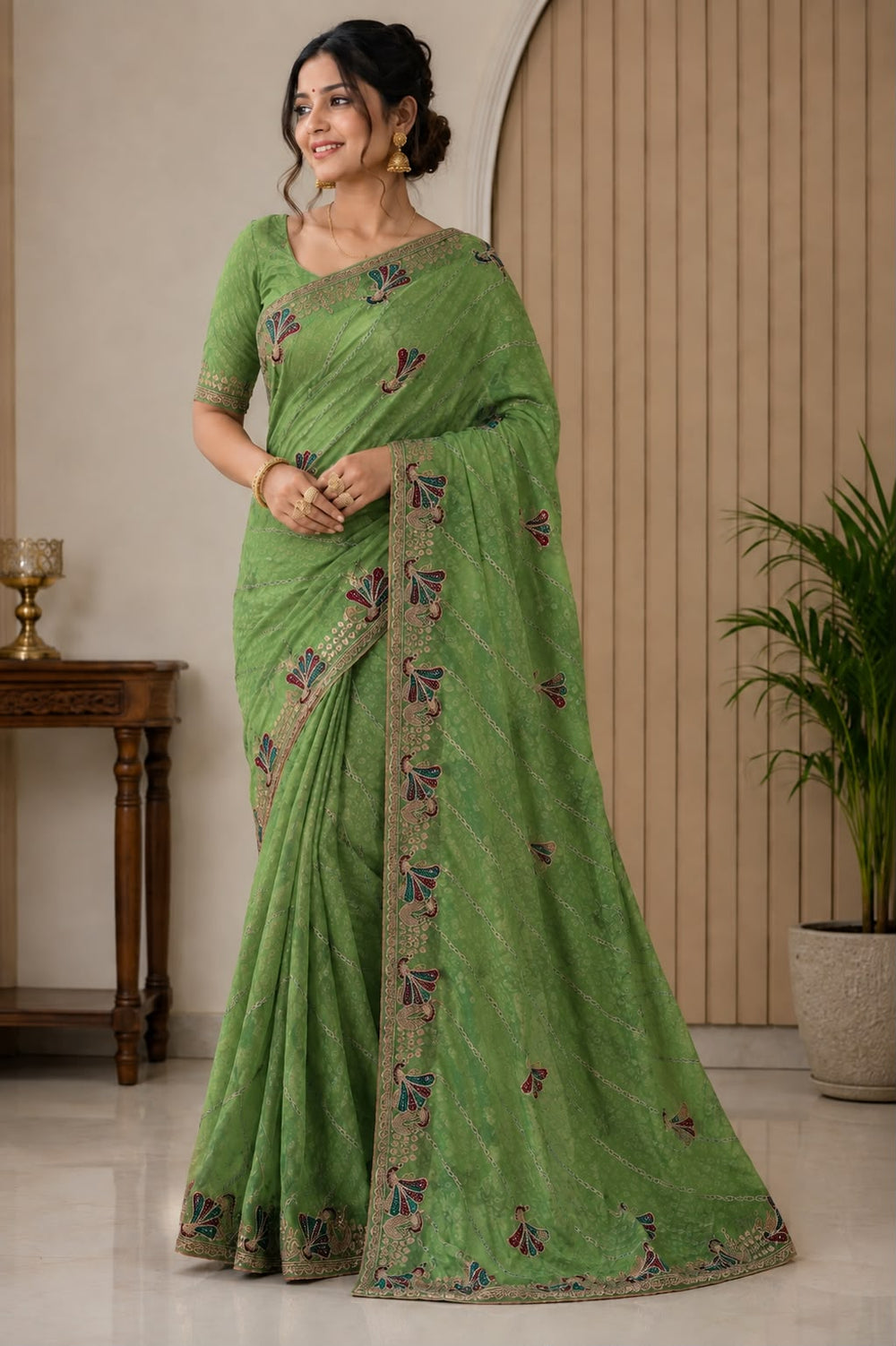 Women Fancy Saree with Peacock Embroidery & Zari Chain Work Border - Parrot Green