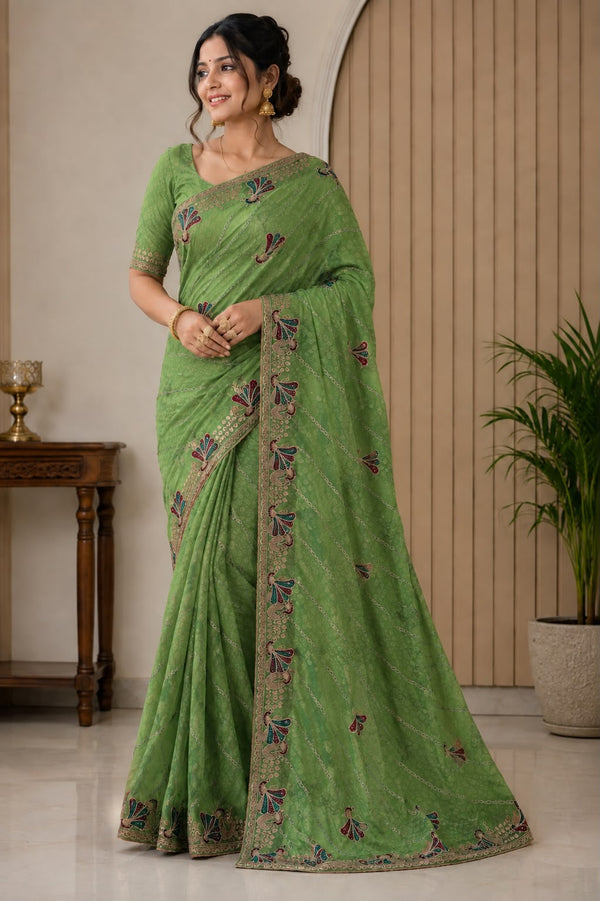 Women Fancy Saree with Peacock Embroidery & Zari Chain Work Border - Parrot Green