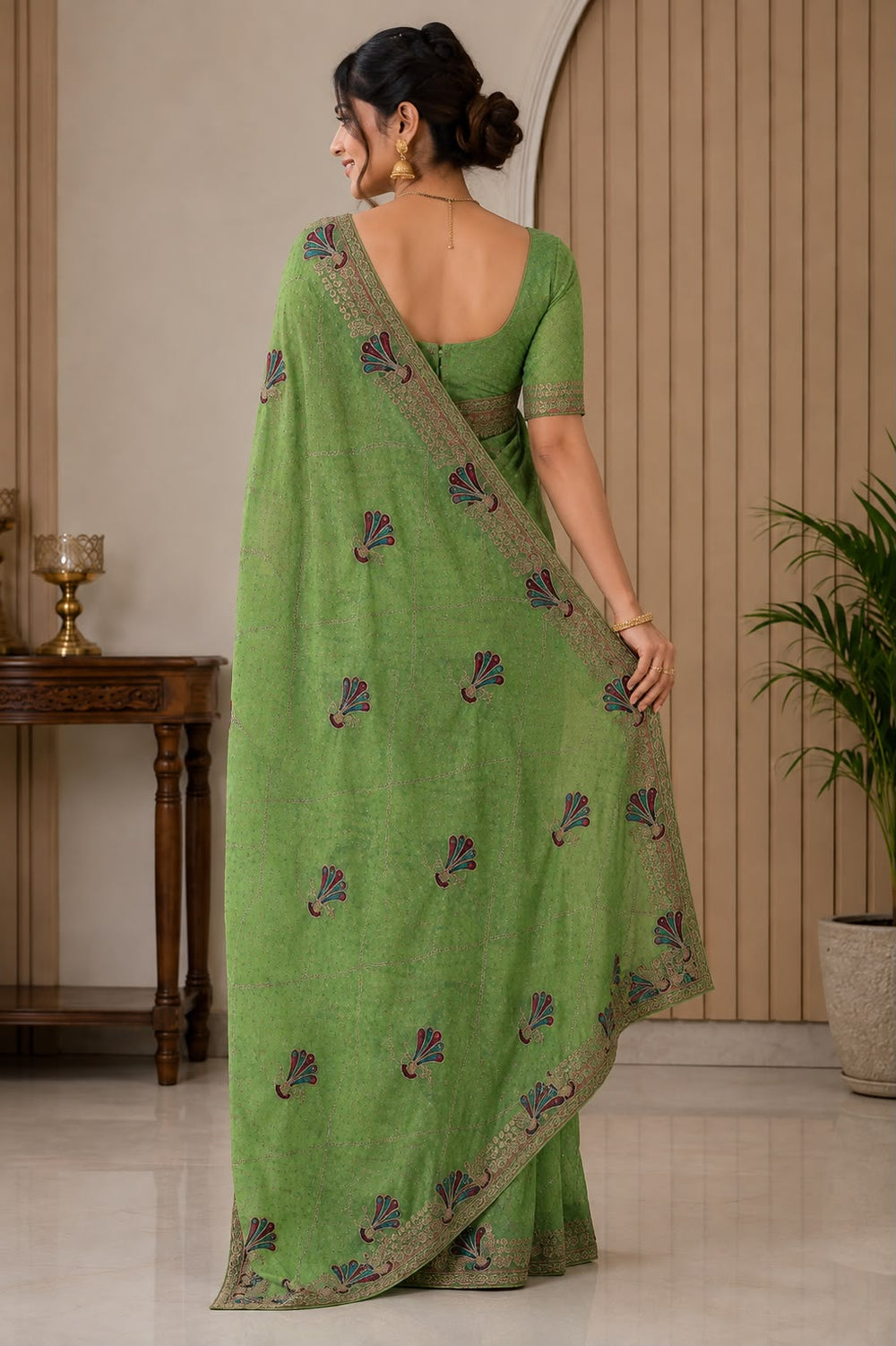 Women Fancy Saree with Peacock Embroidery & Zari Chain Work Border - Parrot Green