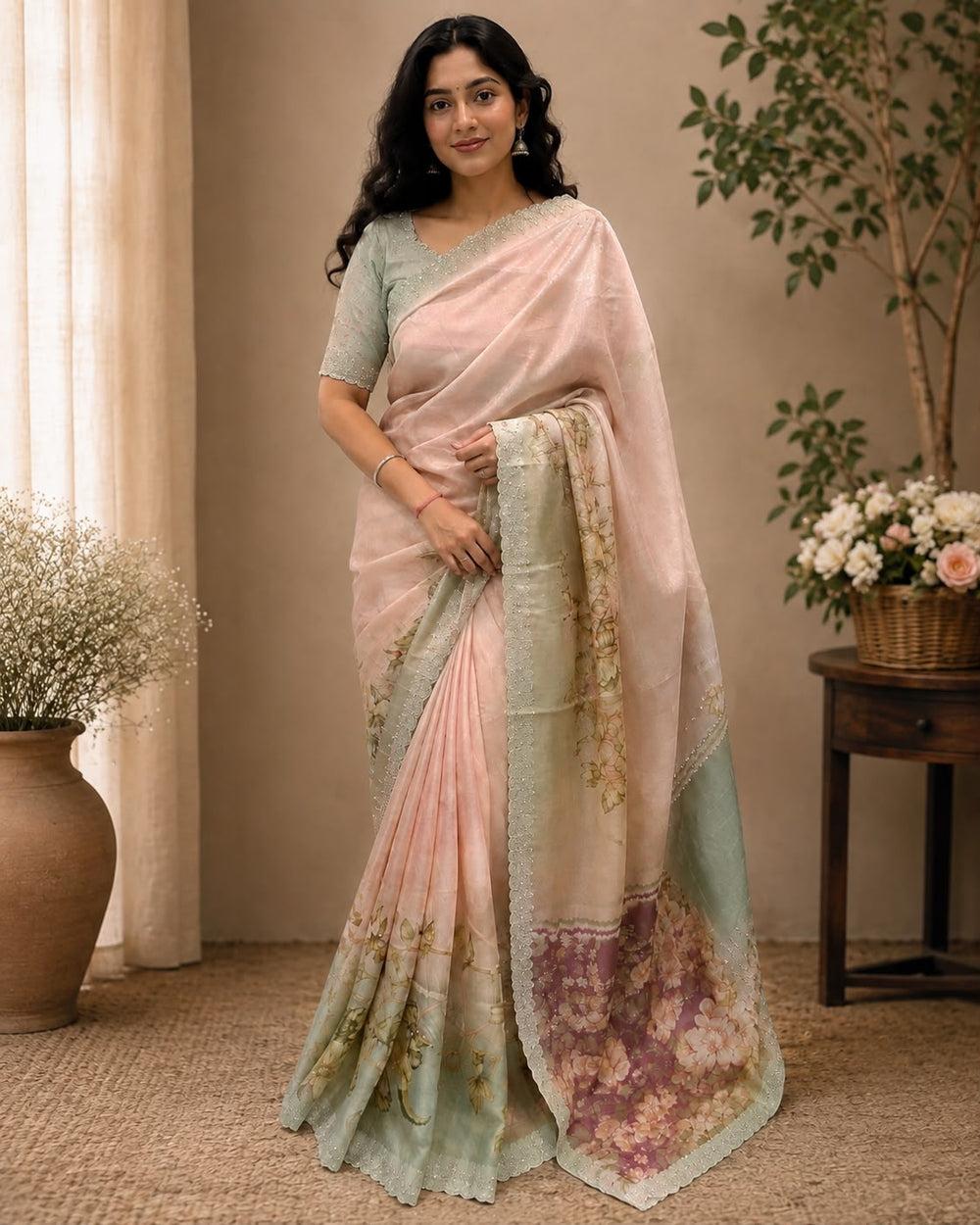 Women Floral Printed Organza Saree with Scalloped Embroidered Border - Peach