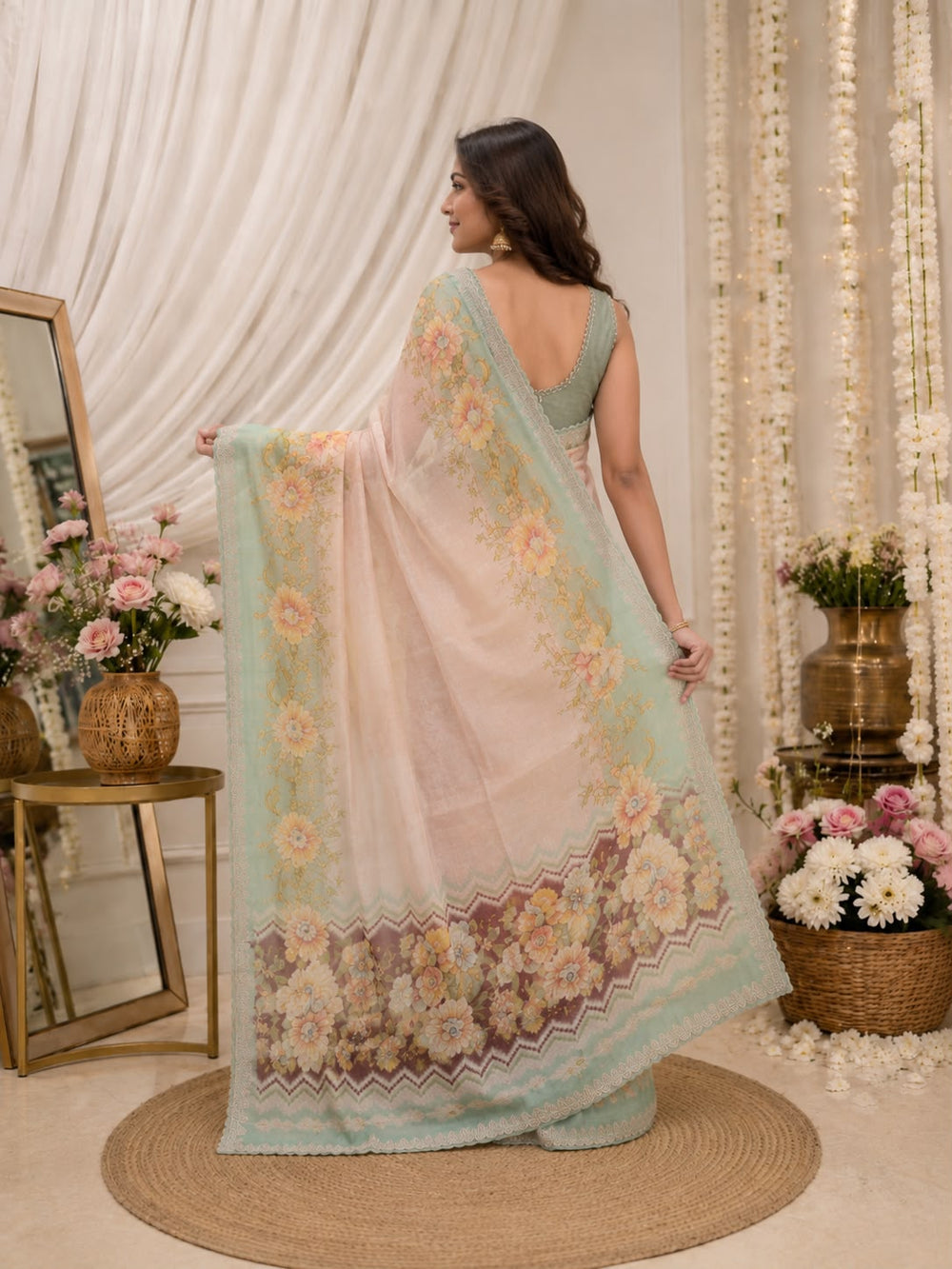 Women Floral Printed Organza Saree with Scalloped Embroidered Border - Peach