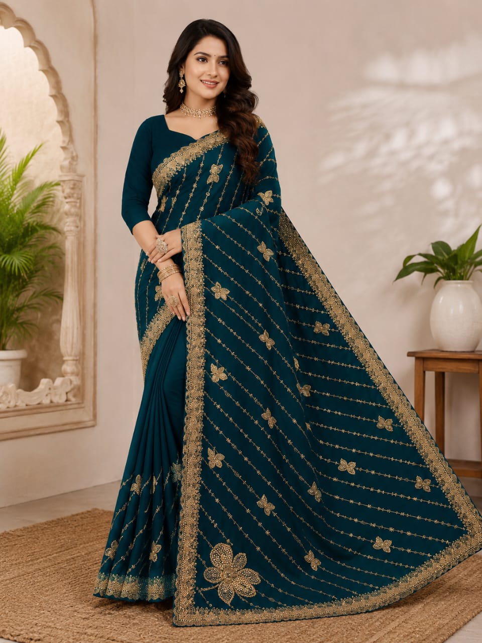 Women Zari Embroidered Georgette Saree with Scalloped Border & Matching Blouse - Peacock Blue