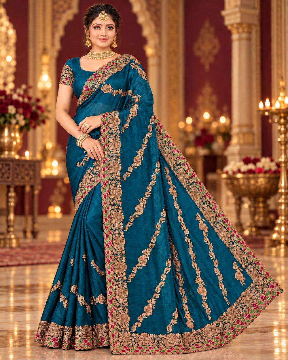 Women Satin Saree with Kalash Motif Embroidery & Multicolour Cutwork Border - Peacock Blue