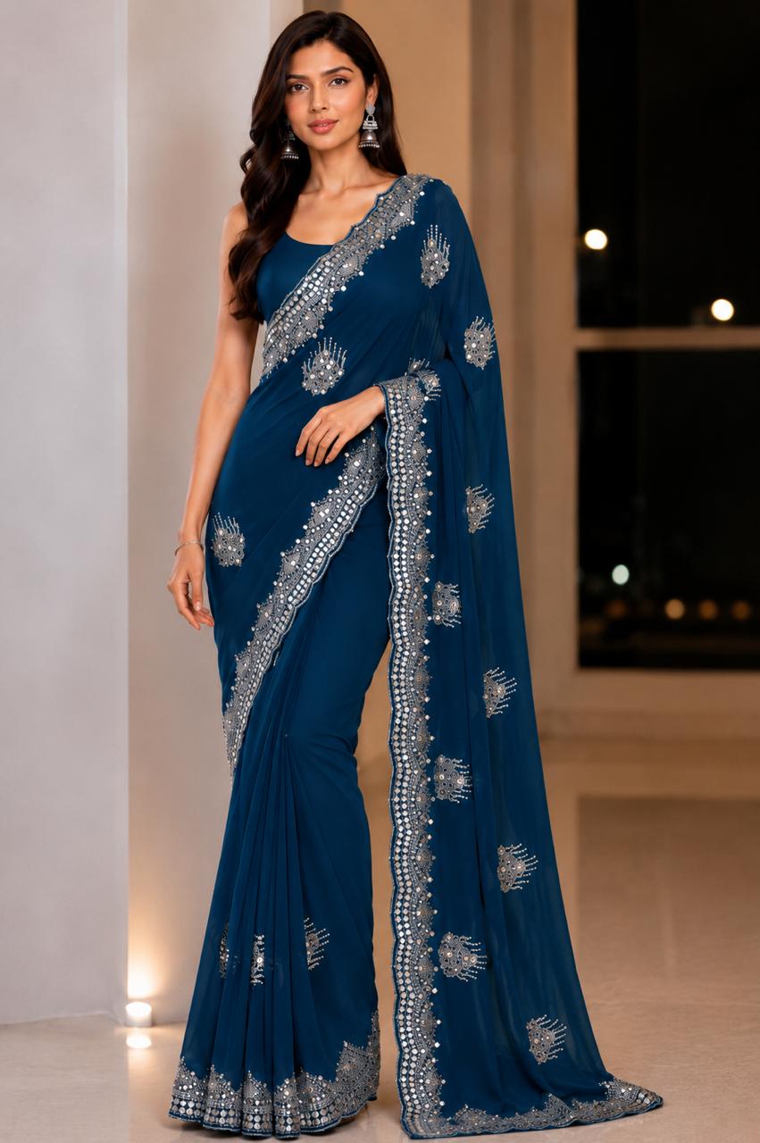Women Blooming Saree with Mirror Work Scalloped Border & Embroidered Butis - Peacock Blue