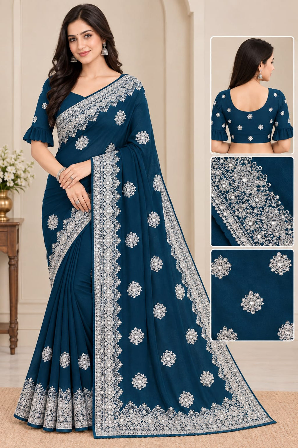 Women Blooming Saree with Silver Thread Buti Embroidery & White Stone Work Border - Peacock Blue